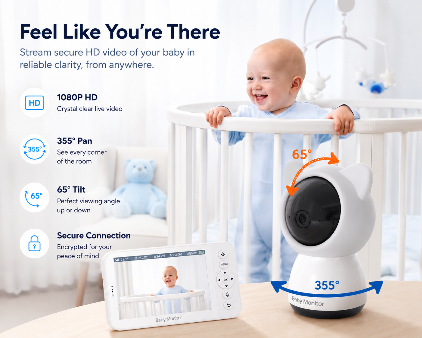Wireless Baby Monitor with Camera & Screen – 1080P HD Video, Night Vision & 355° Pan