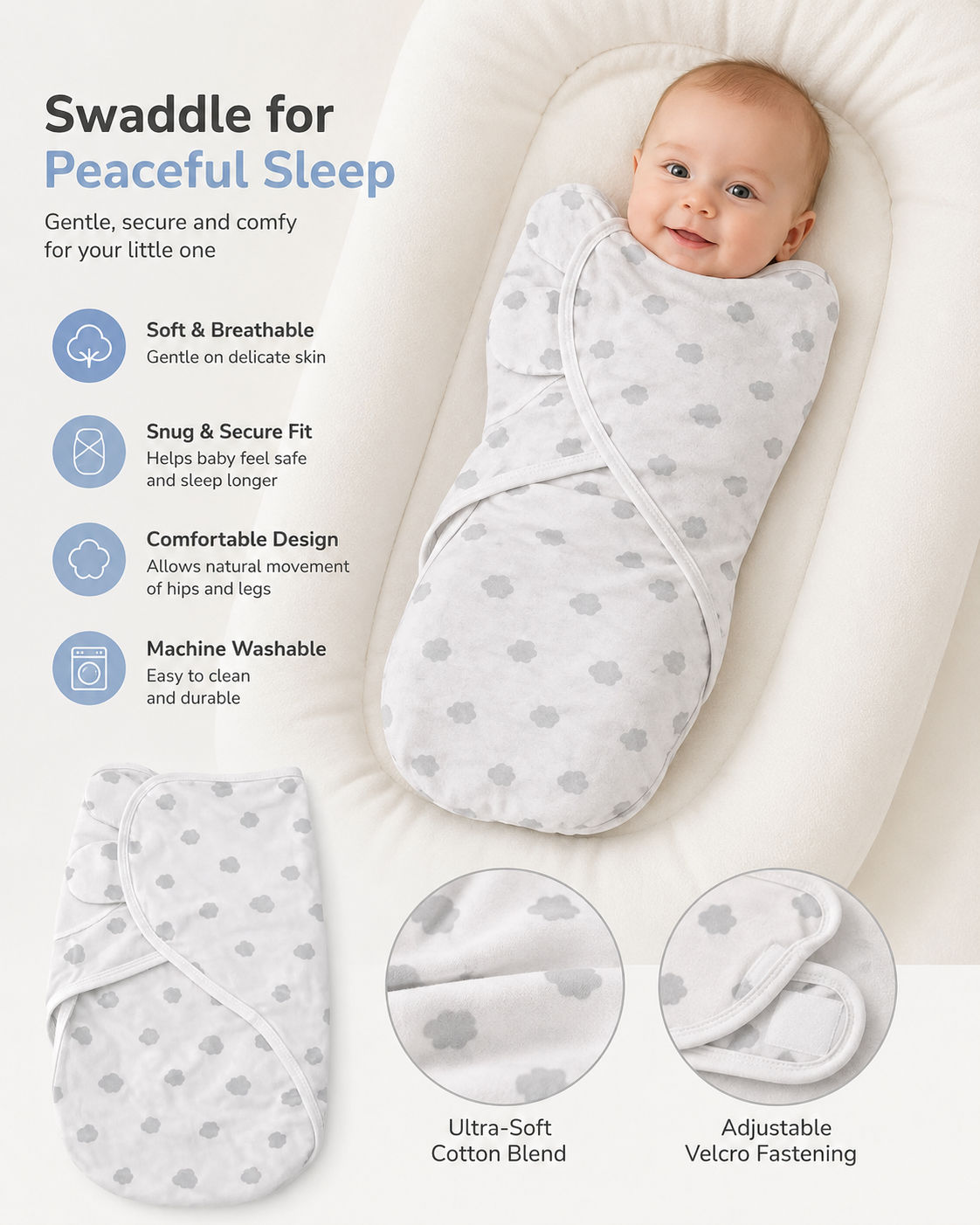 Swaddle Cloud | Soft Adjustable Baby Swaddle Wrap (0-3 Months)