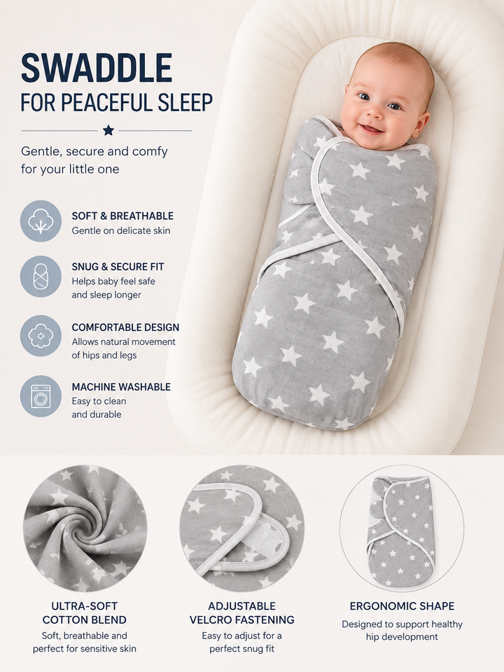 Swaddle Star | Soft Adjustable Baby Swaddle Wrap (0-3 Months)