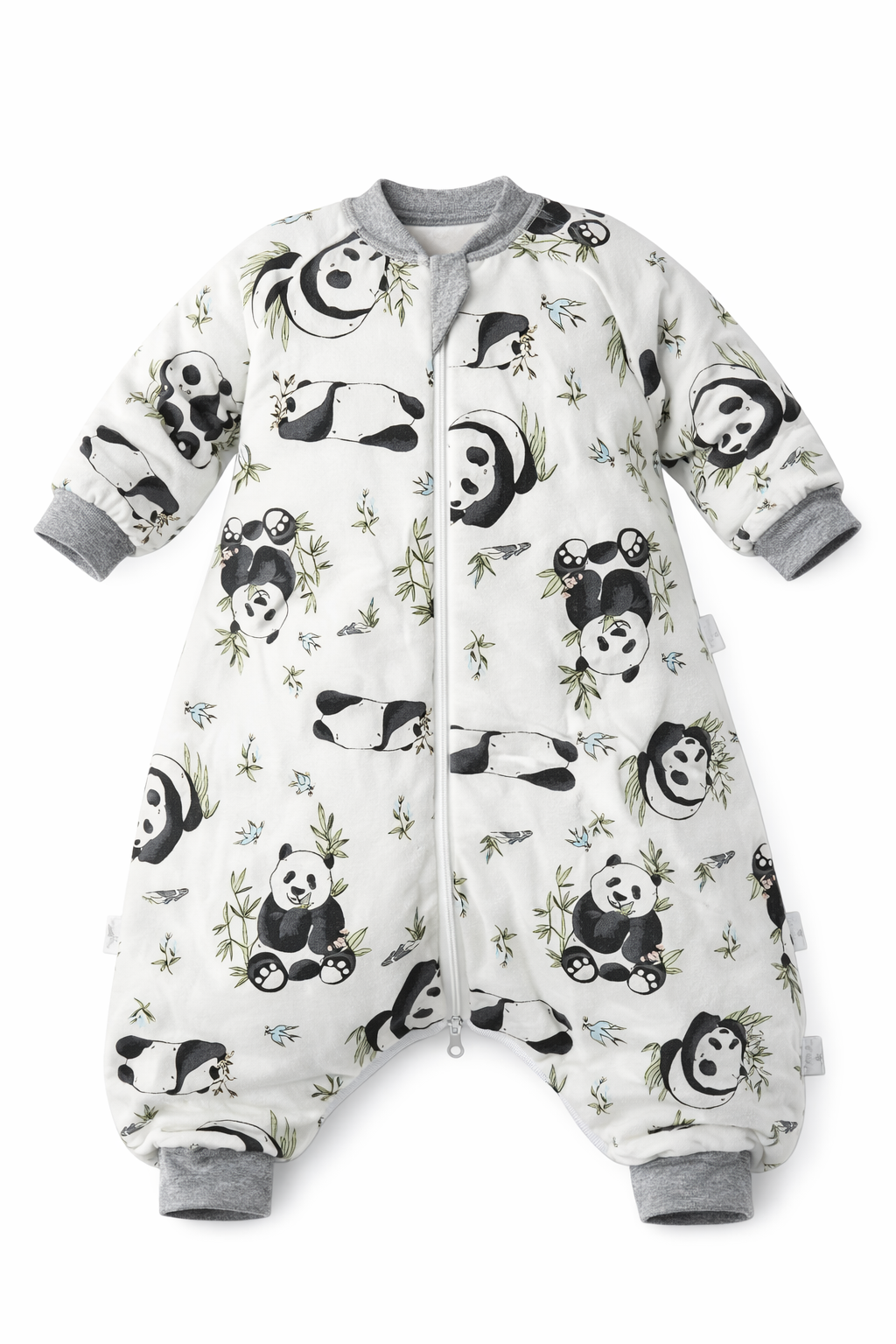 Panda patterned sleep sack with feet for toddlers.