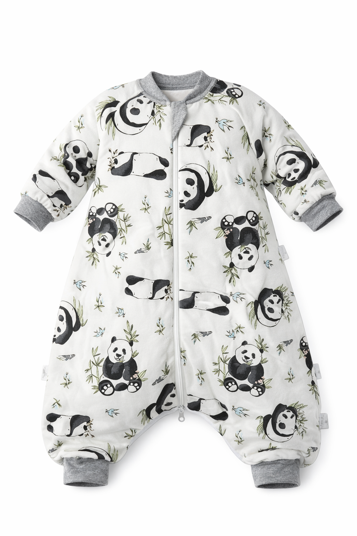 Panda patterned sleep sack with feet for toddlers.