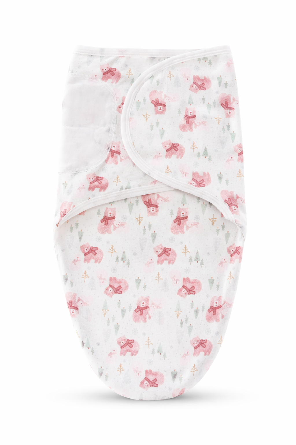 Newborn swaddle with a flower pattern and secure closure.