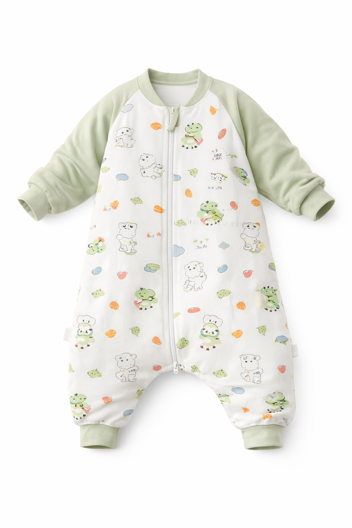 Forest Friends patterned sleep sack with feet for toddlers.